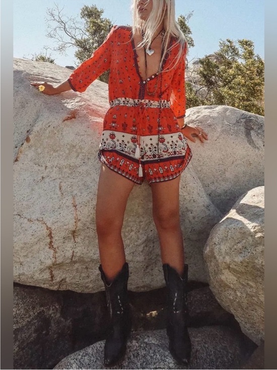 Spell Pants - Spell Desert Wander Playsuit in Sunset - Red Printed Boho Short-Sleeve Romper